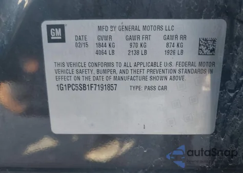 2015 Chevrolet Cruze Lt из США, поврежденный, VIN 1G1PC5SB1F7191857